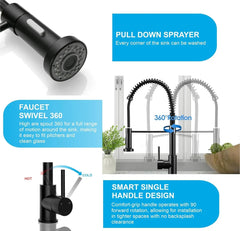 Fossa Kitchen Taps, Kitchen Sink Mixer Tap with Pull Down Sprayer, Kitchen Mixer Taps 1 Hole, 360°Swivel Spring Kitchen Faucet Single Handle Lever, 2 Spray Modes Chrome Finish (Black) - Fossa Home