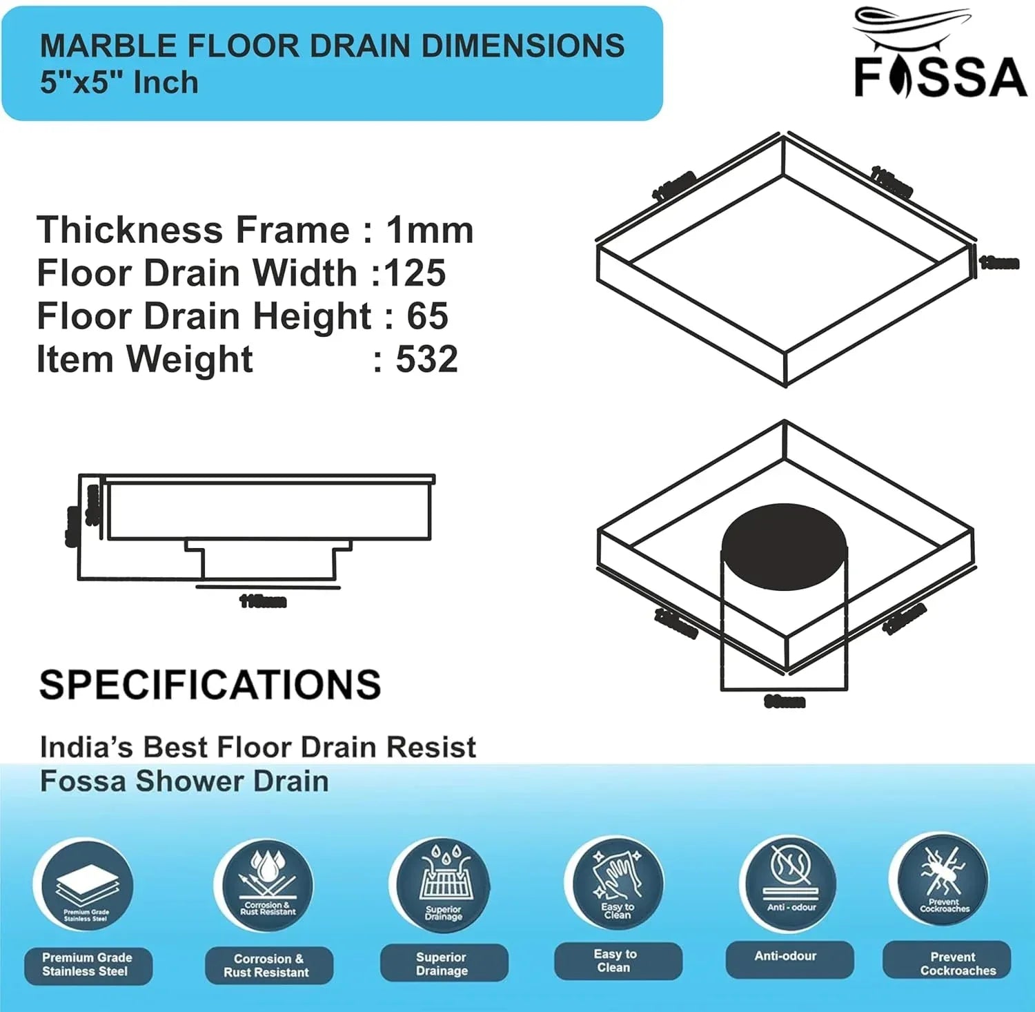 Marble Floor Drain (5 x 5 Inches) 304-Grade Stainlees Steel - Fossa Home