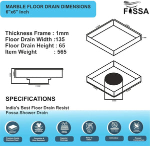 Marble Floor Drain (6 x 6 Inches) 304 Grade Stainlees Steel - Fossa Home