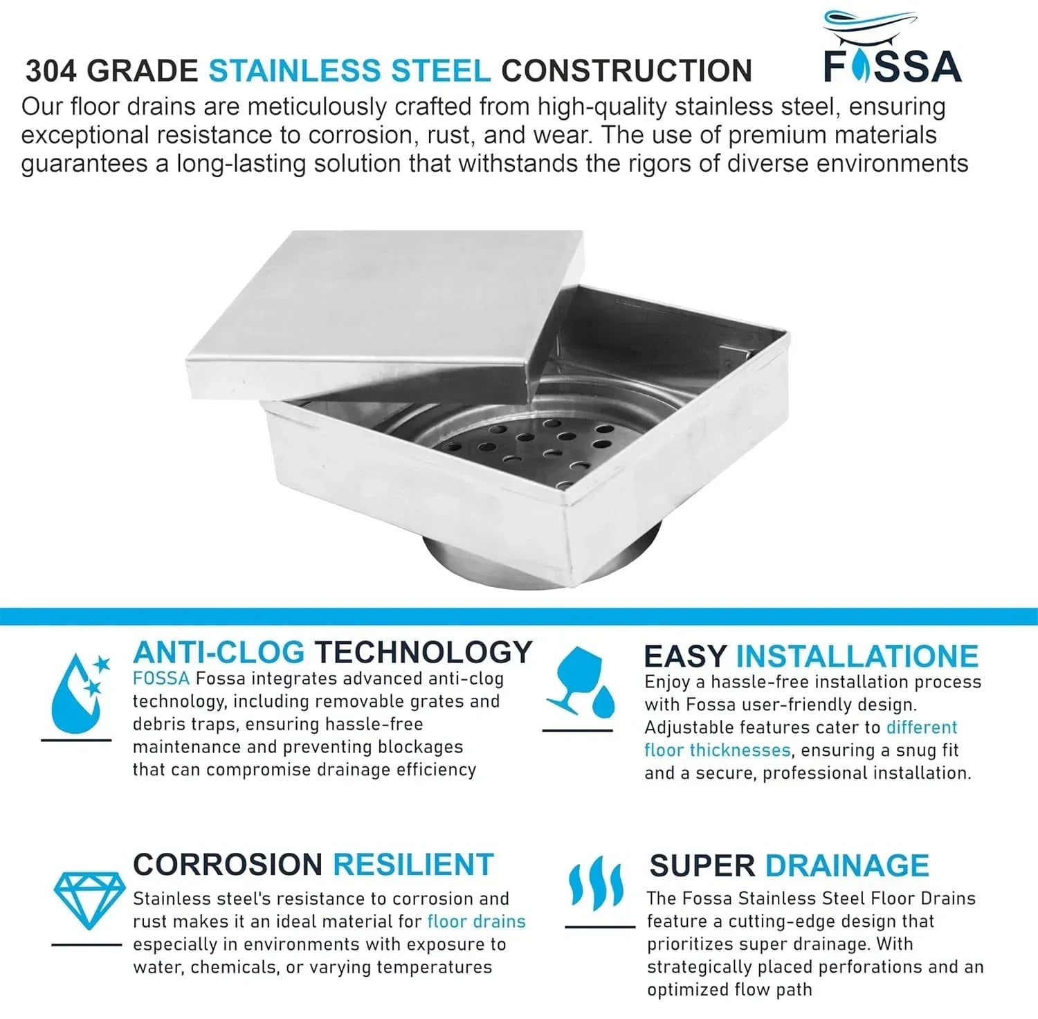 Marble Floor Drain (6 x 6 Inches) 304 Grade Stainlees Steel - Fossa Home