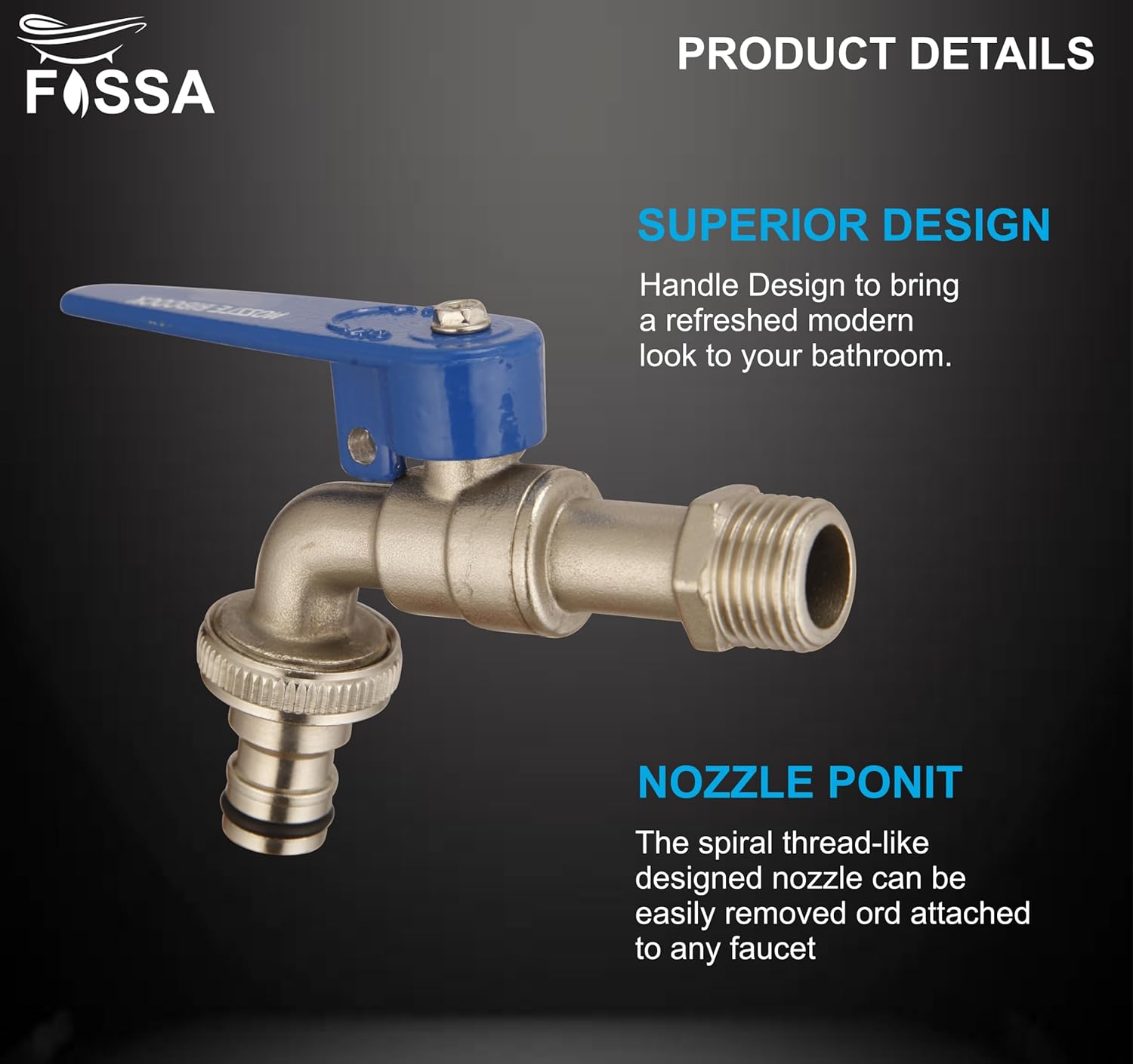 Fossa Nozzle Cock for Bathroom | Washing Machine Tap for Inlet Pipe/Hose | Garden Pipe Tap | Easy Hose Connect Tap | Laundry Dishwasher Hose Connect - Fossa Home