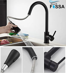 Fossa Kitchen Sink Mixer Tap with Pull Down Sprayer, Single Handle High Pull Out Kitchen Taps, Single Level Stainless Steel Black ( Heavy Weight ) Fossa Home
