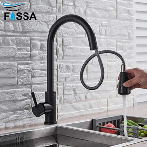 Fossa Kitchen Sink Mixer Tap with Pull Down Sprayer, Single Handle High Pull Out Kitchen Taps, Single Level Stainless Steel Black ( Heavy Weight ) Fossa Home