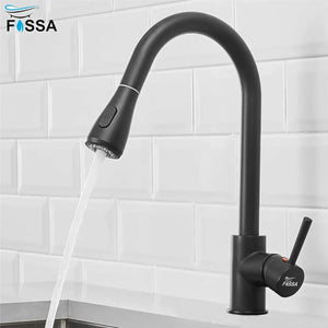 Fossa Kitchen Sink Mixer Tap with Pull Down Sprayer, Single Handle High Pull Out Kitchen Taps, Single Level Stainless Steel Black ( Heavy Weight ) Fossa Home