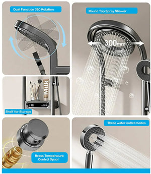 Fossa Shower Panel - Vortex with Hydropowered LED Light + Digital Display & 3 Water Functions (Gun Metal Grey) - Fossa Home