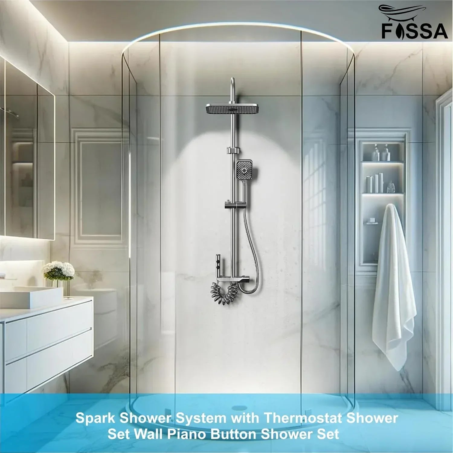 Fossa Spark Shower System with Thermostat Shower Set Wall Piano Button Shower Set Height Adjustable Rain Shower Set with Shower Fitting, 12 Inch Shower Head, Hand Shower, Bidet Spray, Gun (Grey) ( Heavy Weight ) - Fossa Home