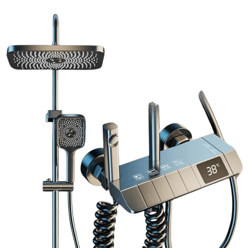 Fossa Spark Shower Thermostatic Shower System, Water Saving Shower Mixer Set, LED Screen, 4 Functions includes Handheld Shower (3 Jet Types), ABS Top Shower, Bidet Spray, Tub Spout (Black) - Fossa Home