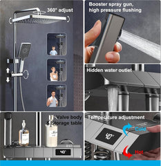 Fossa Spark Shower Thermostatic Shower System, Water Saving Shower Mixer Set, LED Screen, 4 Functions includes Handheld Shower (3 Jet Types), ABS Top Shower, Bidet Spray, Tub Spout (Black) - Fossa Home