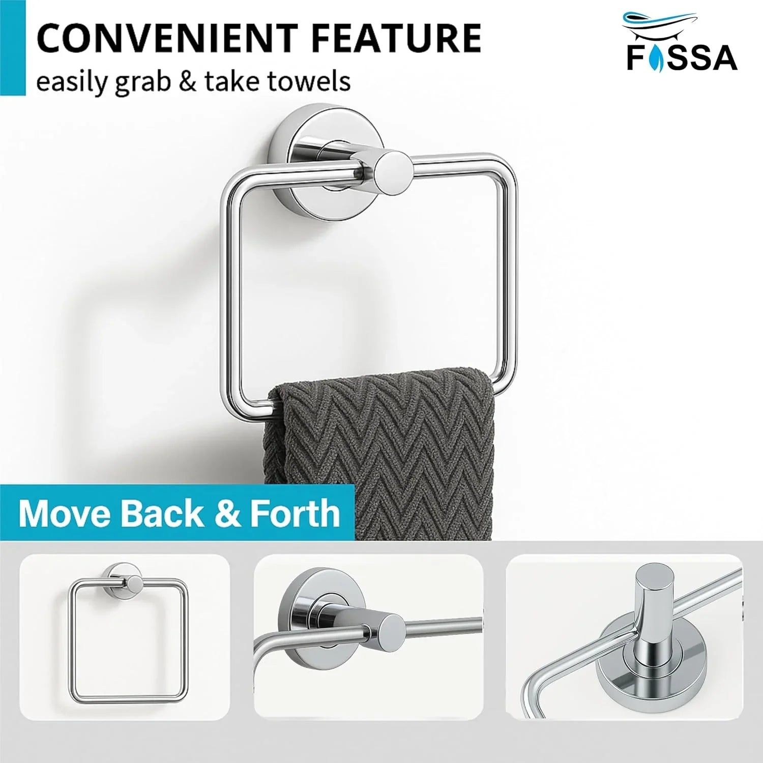 Fossa Stainless Steel Square Towel Ring for Bathroom, Napkin Holder for Wash Basin, Napkin Holder Chrome Finish (Silver) - Fossa Home