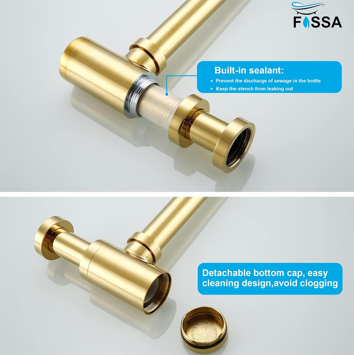 Fossa Steel Bottle Trap for Wash basins | Bottle Trap With Wall Flange and 12 Inches Pipe | Chrome Finish (Stainless Steel) Gold - Fossa Home