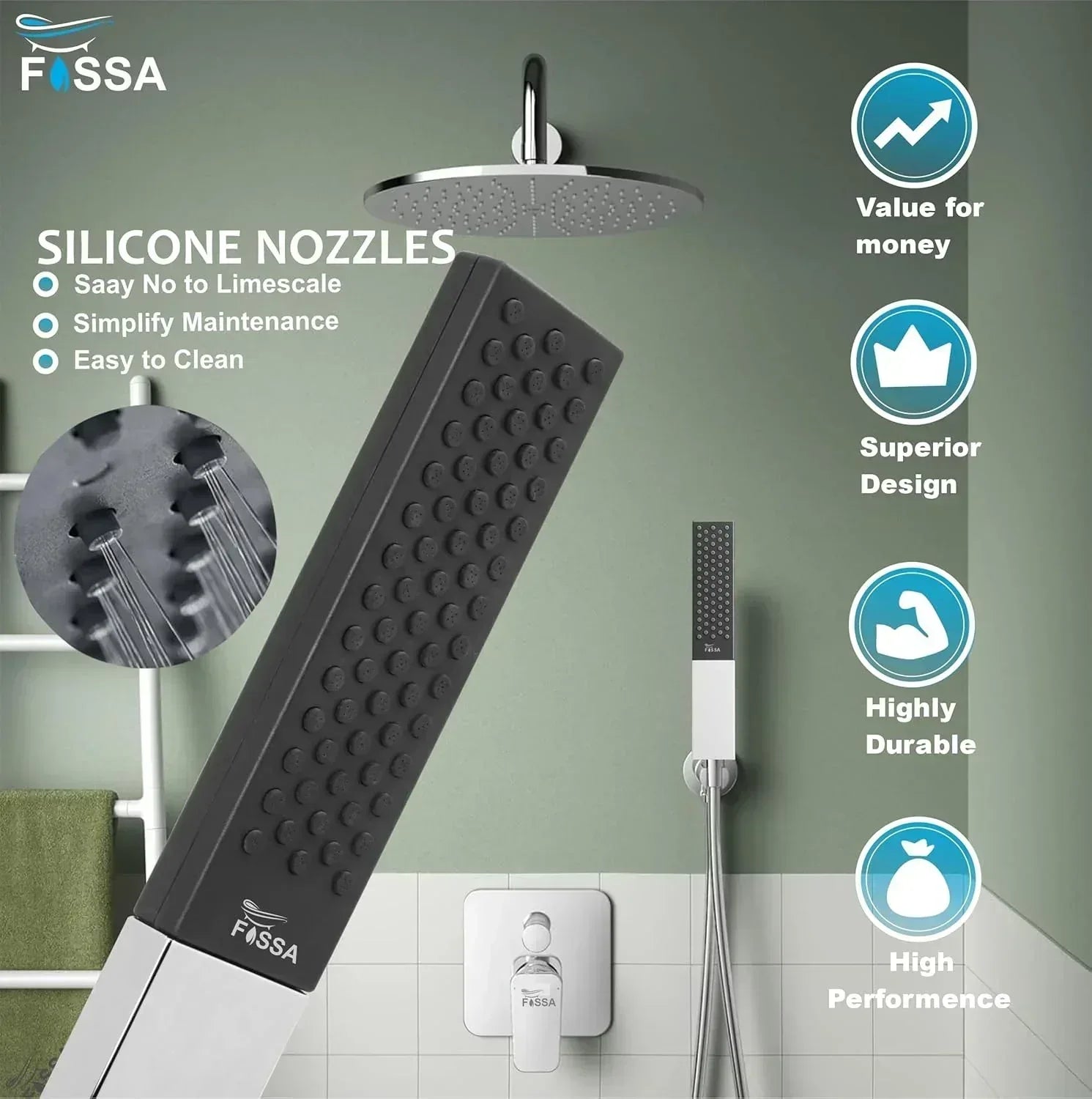 Fossa Vista Square ABS Hand - Held Shower with 1.5 Mtr Hose Pipe and Wall Hook for Bathroom, High Pressure Shower Set (Chrome Finish) - Fossa Home