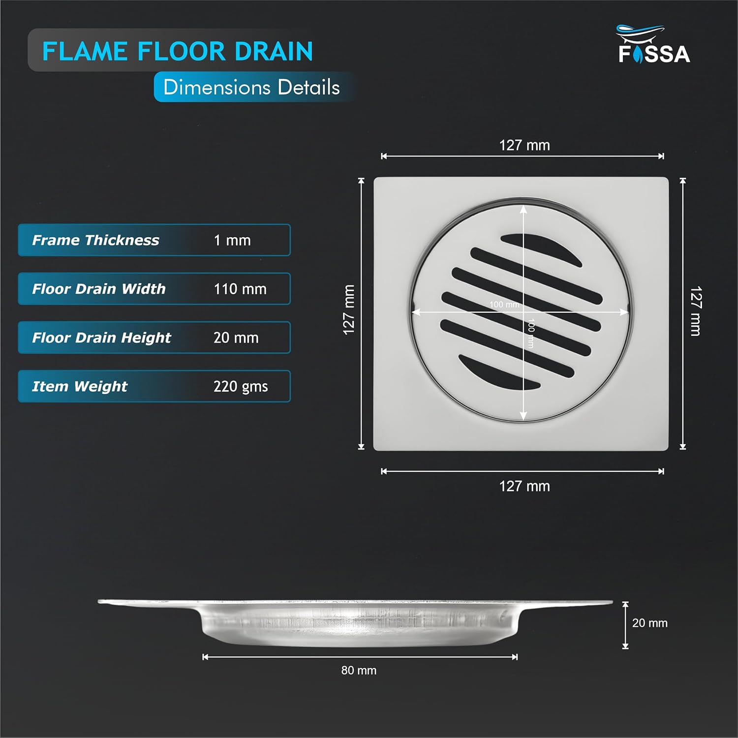 Flame Floor Drain (5 x 5 Inches) Premium Stainlees Steel