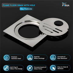 Fossa 5"x5" Design Floor Drain | Stainless Steel Square Bathroom Grating Jali | Rust-Resistant Drain Cover | Modern Floor Drain for Bathrooms (Chrome Finish) (Flame with Hole)