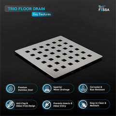 Fossa 5"x5" Design Floor Drain | Stainless Steel Square Bathroom Grating Jali | Rust-Resistant Drain Cover | Modern Floor Drain for Bathrooms (Chrome Finish) (Trio)