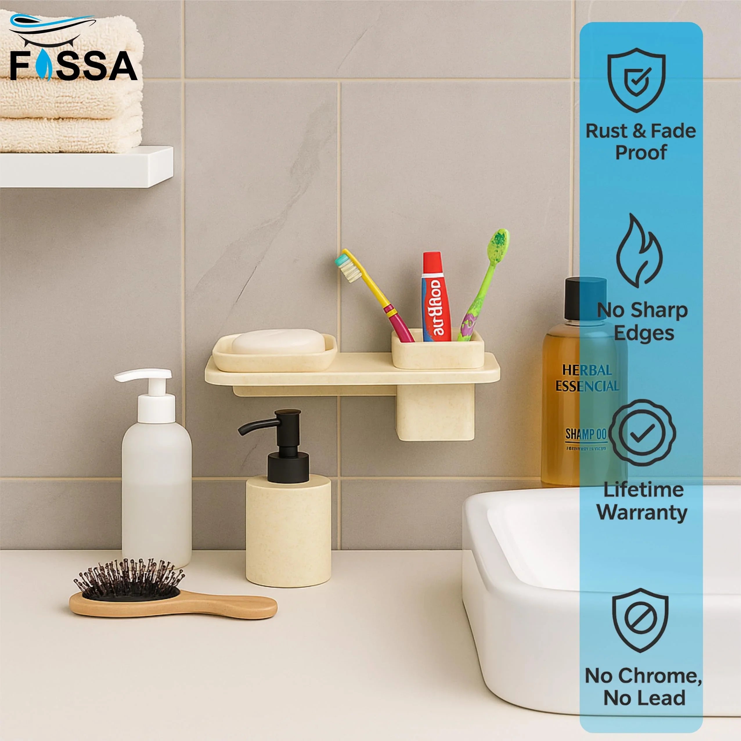 Fossa Classic Ceramic Wall Mounted Square Soap Dish with Toothbrush Holder – Unbreakable Design, Hygienic Surface, Rust & Fade Proof, Self-Drain Tray | Stylish Bathroom Organizer | Ivory (Glossy Finish) - Fossa Home