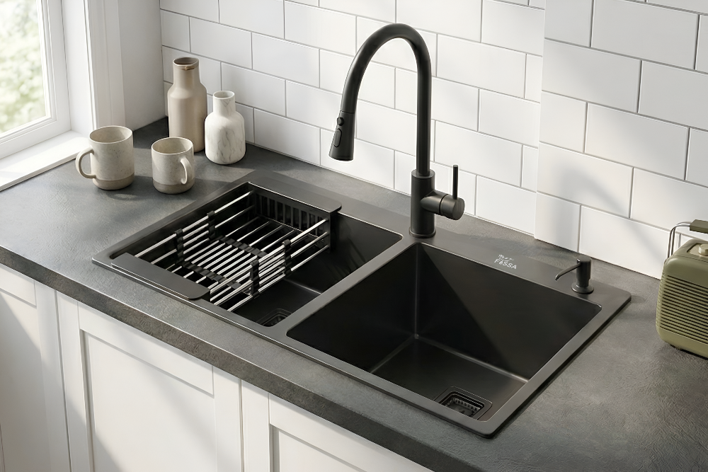 Handmade double bowl kitchen sink with tap hole for modern kitchens