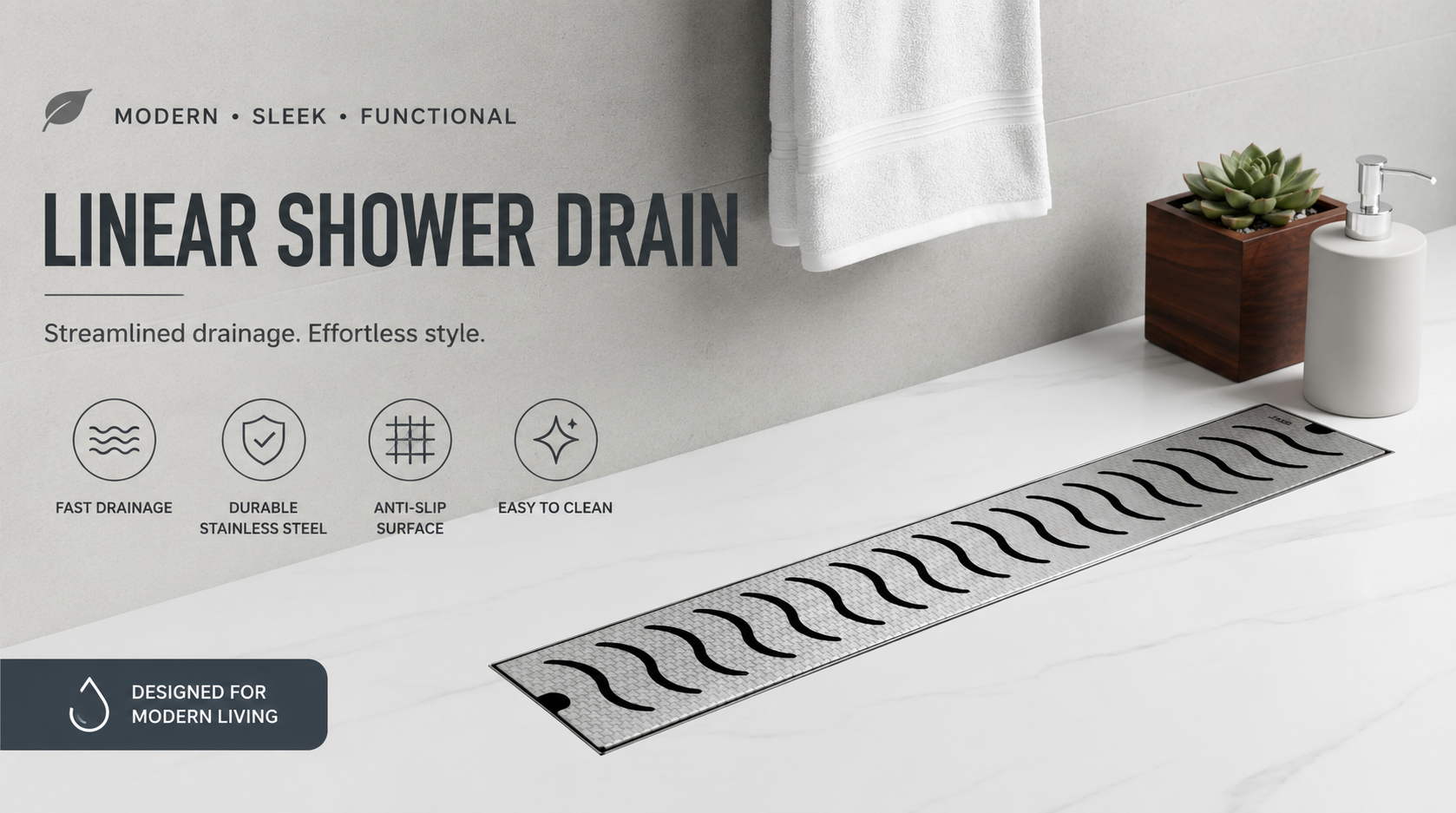 Linear shower drain with bathroom setting, featuring text on modern, sleek, and functional design.