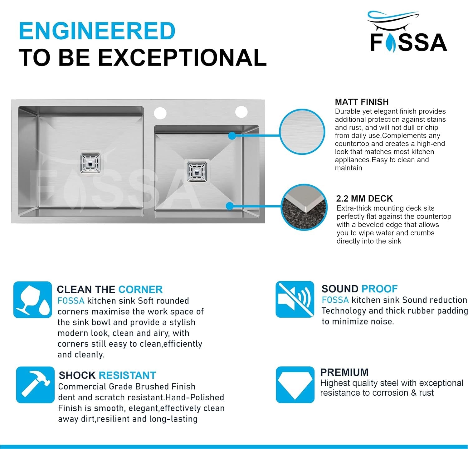 Double Bowl Tap Hole Handmade 304 Stainless Steel Kitchen Sink (37X18x10) - Fossa Home