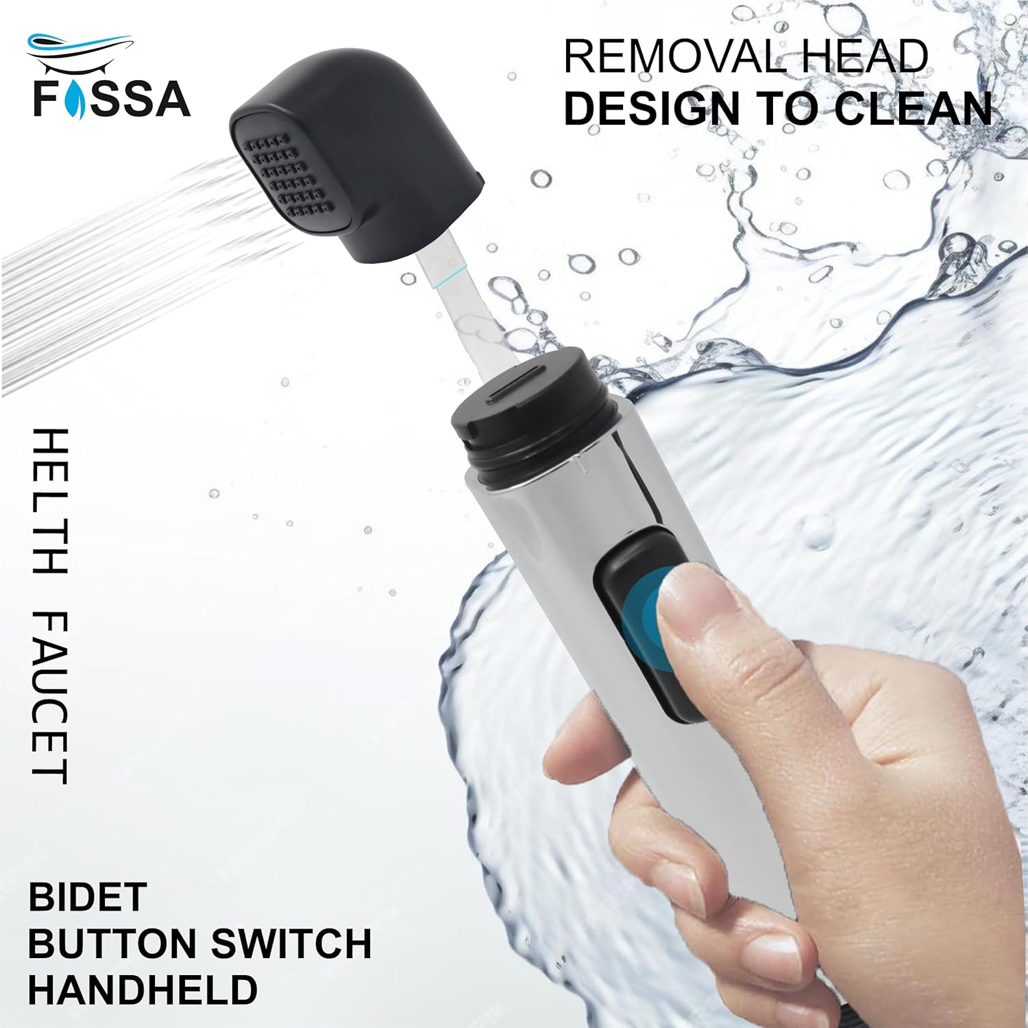 Handheld health faucet with bidet button switch, featuring Fossa brand, on a white background with water effects.