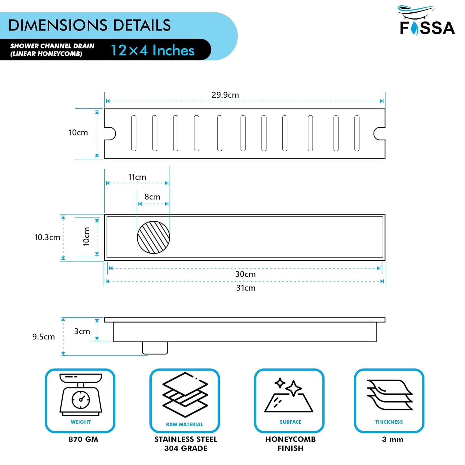 Linear (12x 4 Inches) Honeycomb Shower Drain Channel AISI 304 Stainless Steel