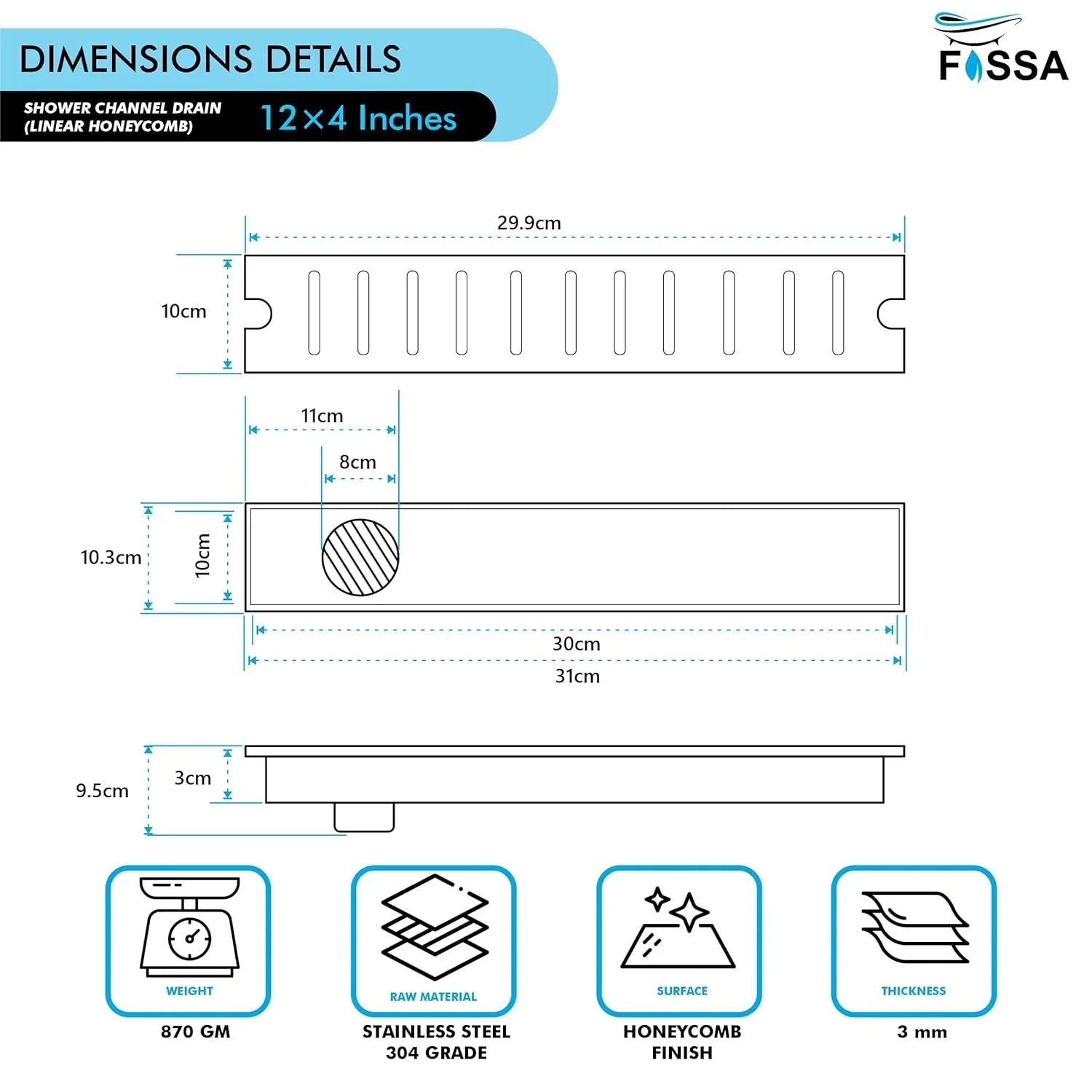 Linear (12x 4 Inches) Honeycomb Shower Drain Channel AISI 304 Stainless Steel - Fossa Home
