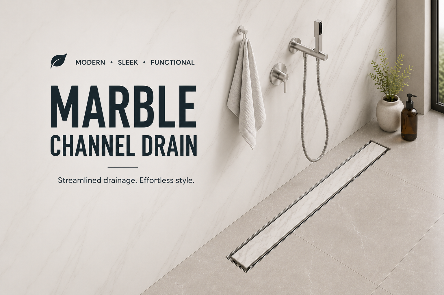 Marble channel drain in a bathroom setting with text highlighting features.