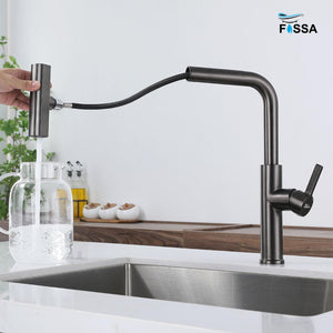 Rainfall Pull Out Triple-Flow 360° Hot & Cold Stainless Steel Kitchen Mixer Faucet Black - Fossa Home