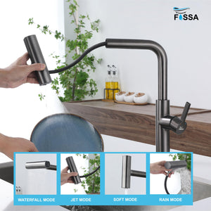 Rainfall Pull Out Triple-Flow 360° Hot & Cold Stainless Steel Kitchen Mixer Faucet Black - Fossa Home