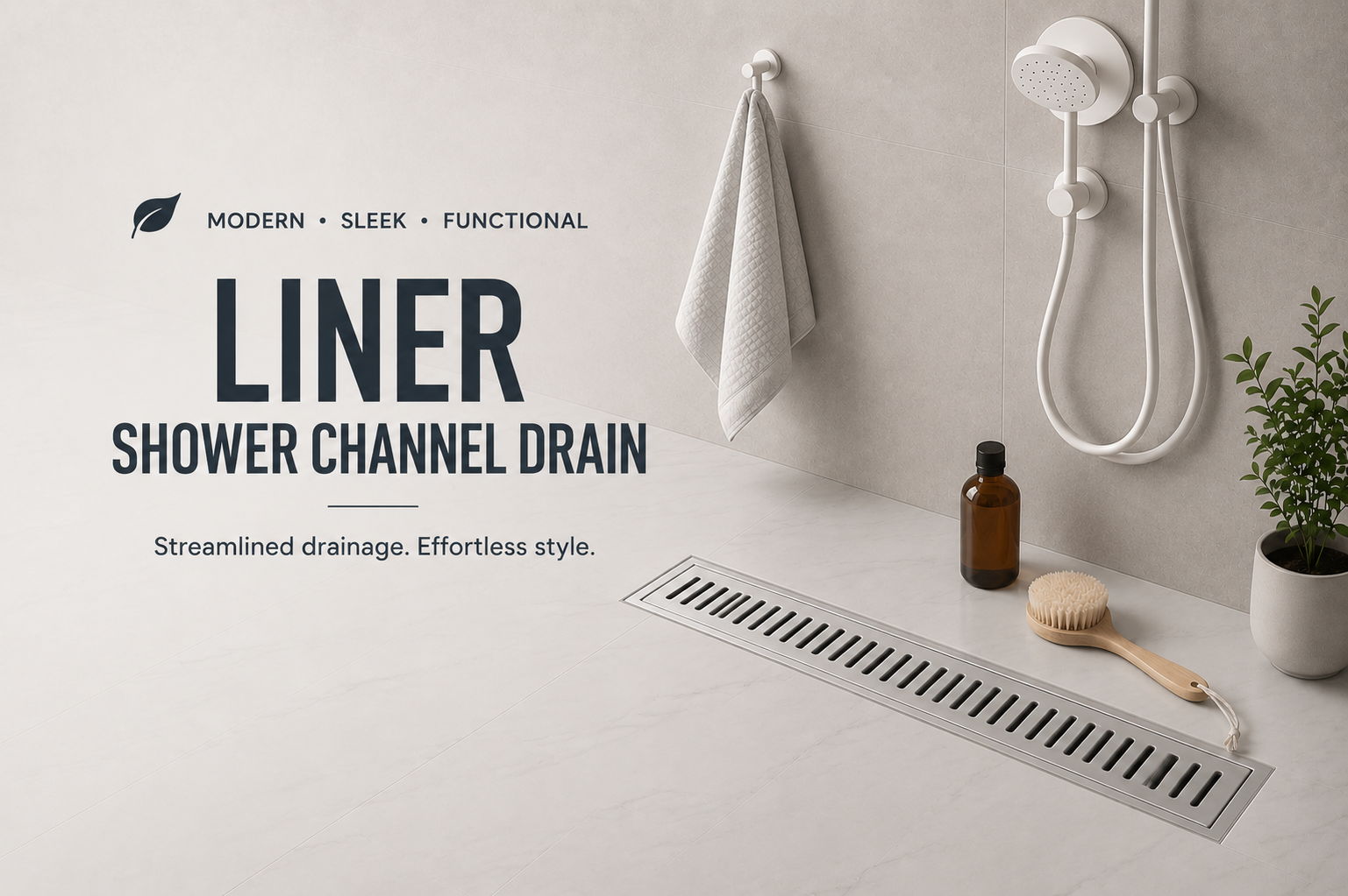 Shower setup with liner shower channel drain, towel, and plant on a light gray wall.