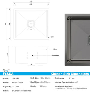 Technical drawing and dimensions of a Fossa kitchen sink with product details.