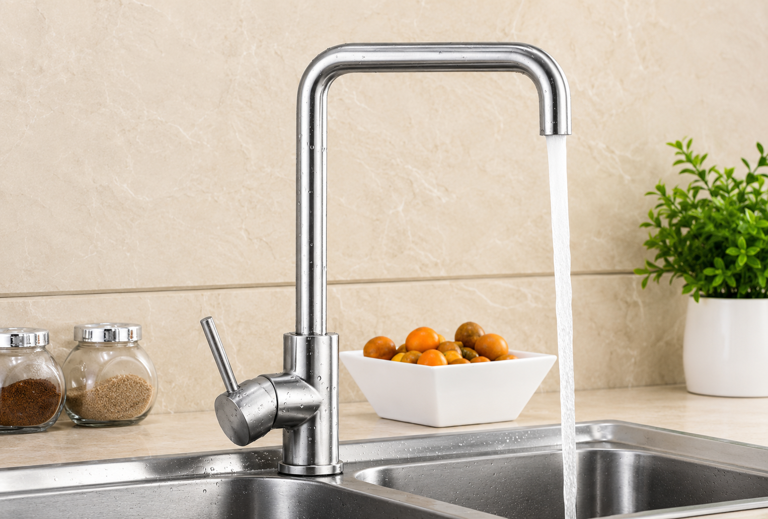 Kitchen sink with running water from a modern faucet, surrounded by fruits and a plant.