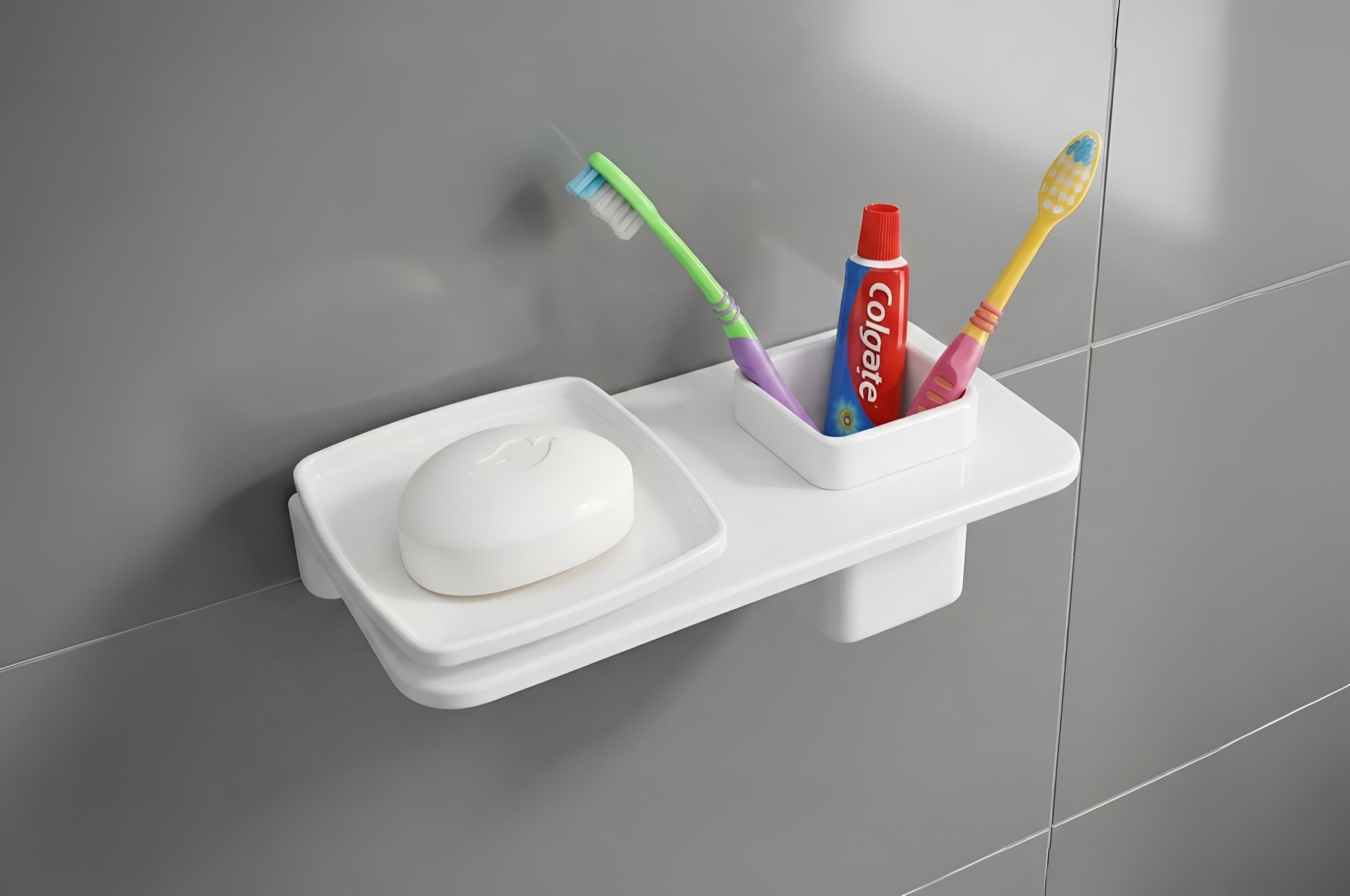 Modern soap dish with integrated toothbrush holder for bathroom use