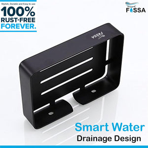 Black metal wall mount with fossa branding on a white background, featuring text about rust-free design and smart water drainage.