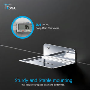 Metal soap dish with thickness measurement and text on a dark background