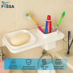 Fossa Classic Ceramic Wall Mounted Square Soap Dish with Toothbrush Holder – Unbreakable Design, Hygienic Surface, Rust & Fade Proof, Self-Drain Tray | Stylish Bathroom Organizer | White (Glossy Finish) - Fossa Home