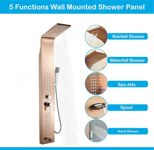Stainless Steel Shower Panel Full Set, Dual Flow Overhead Waterfall Shower, Hand Shower, Wall Mount Shower Panel For Bathrooms (Rose Gold) - Fossa Home