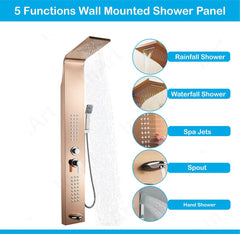 Stainless Steel Shower Panel Full Set, Dual Flow Overhead Waterfall Shower, Hand Shower, Wall Mount Shower Panel For Bathrooms (Rose Gold) - Fossa Home