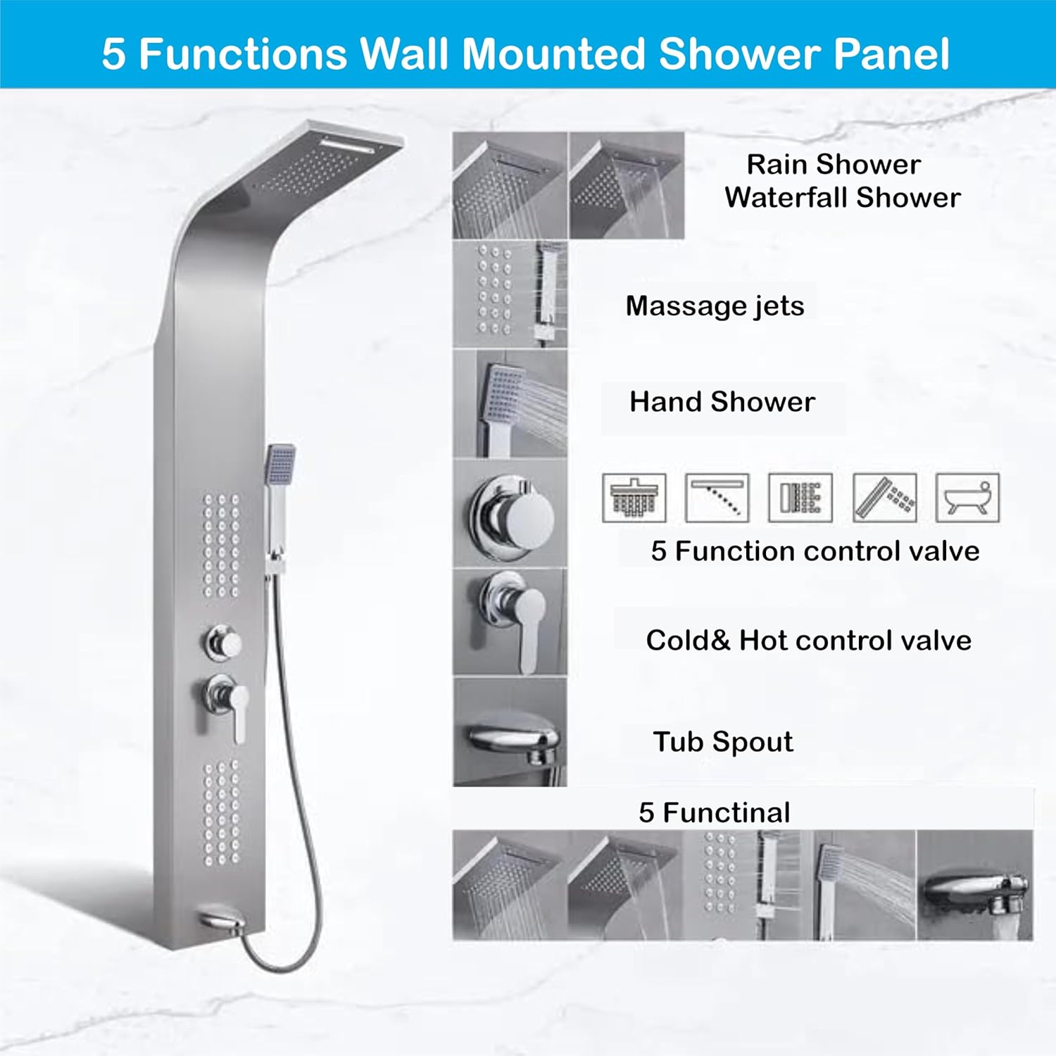 Stainless Steel Shower Panel Full Set, Dual Flow Overhead Waterfall Shower, Hand Shower, Wall Mount Shower Panel For Bathrooms (Silver) - Fossa Home