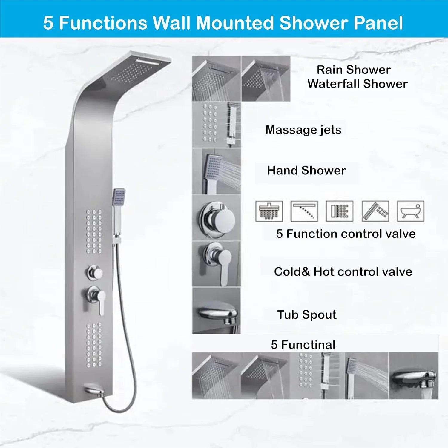 Stainless Steel Shower Panel Full Set, Dual Flow Overhead Waterfall Shower, Hand Shower, Wall Mount Shower Panel For Bathrooms (Silver) - Fossa Home
