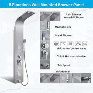 Stainless Steel Shower Panel Full Set, Dual Flow Overhead Waterfall Shower, Hand Shower, Wall Mount Shower Panel For Bathrooms (Silver) - Fossa Home