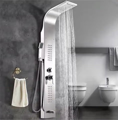 Stainless Steel Shower Panel Full Set, Dual Flow Overhead Waterfall Shower, Hand Shower, Wall Mount Shower Panel For Bathrooms (Silver) - Fossa Home