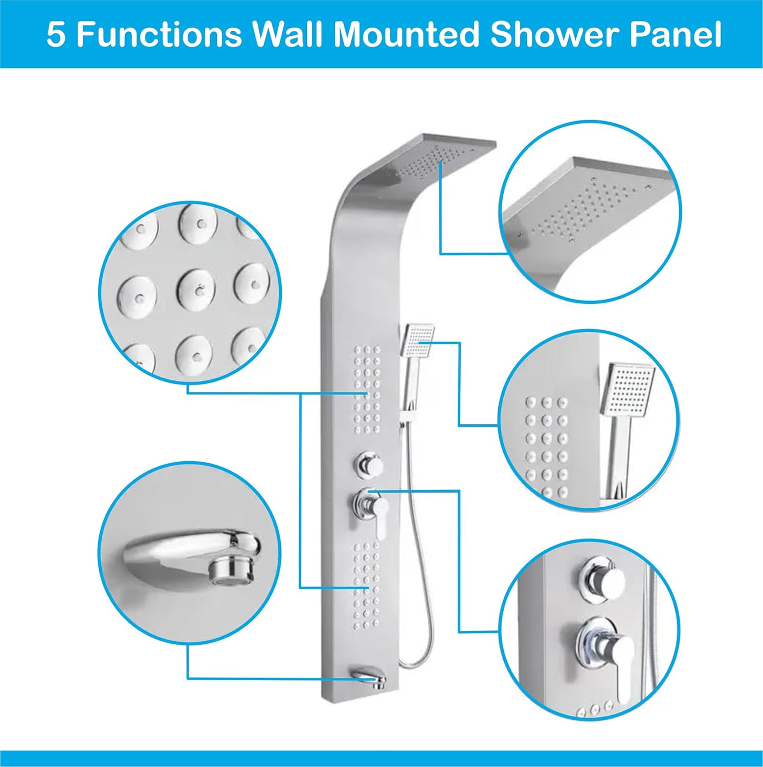 Stainless Steel Shower Panel Full Set, Dual Flow Overhead Waterfall Shower, Hand Shower, Wall Mount Shower Panel For Bathrooms (Silver) - Fossa Home