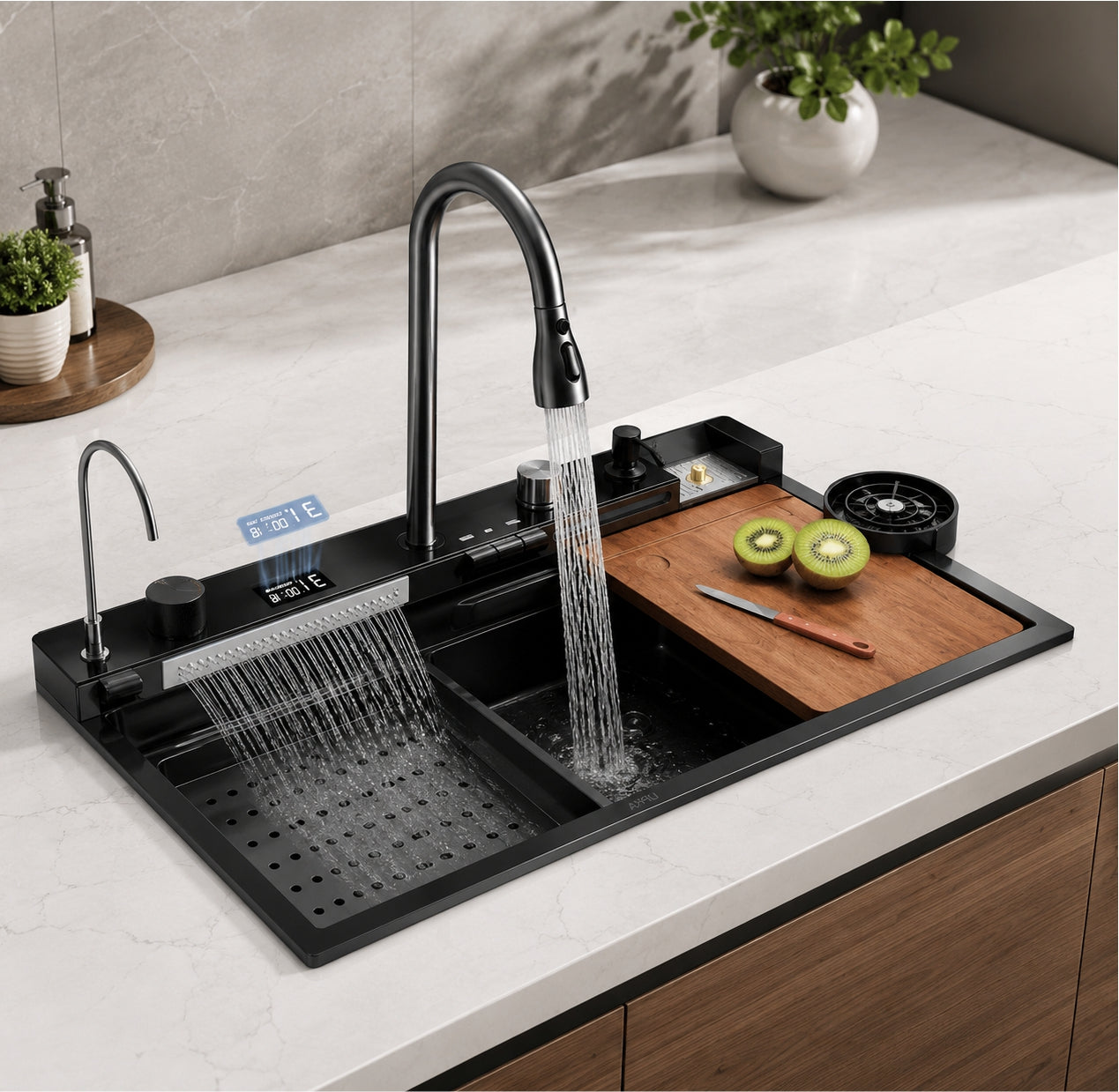 Modern kitchen sink with running water, cutting board with kiwis, and decorative elements.