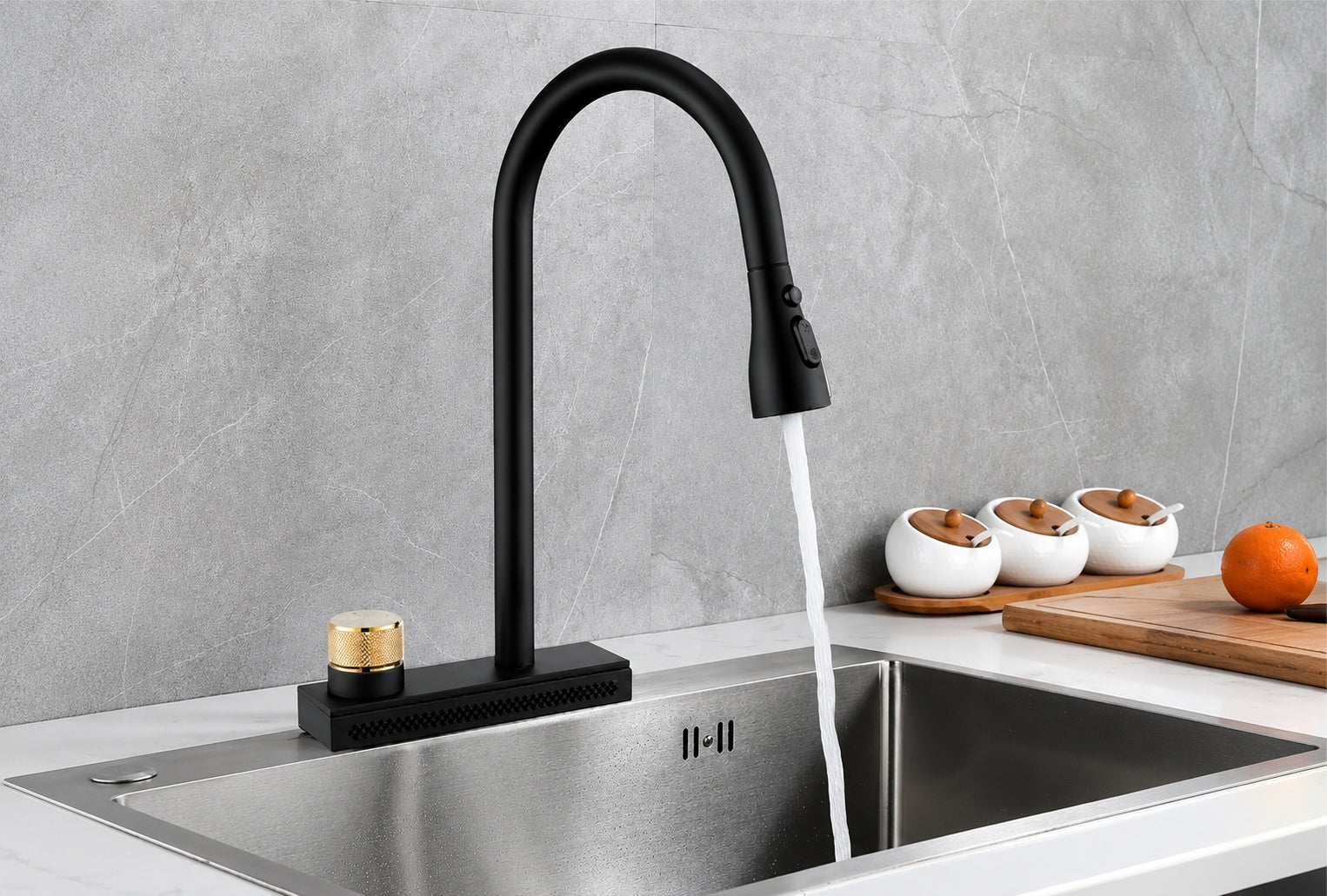 Black kitchen faucet with water flowing into a sink against