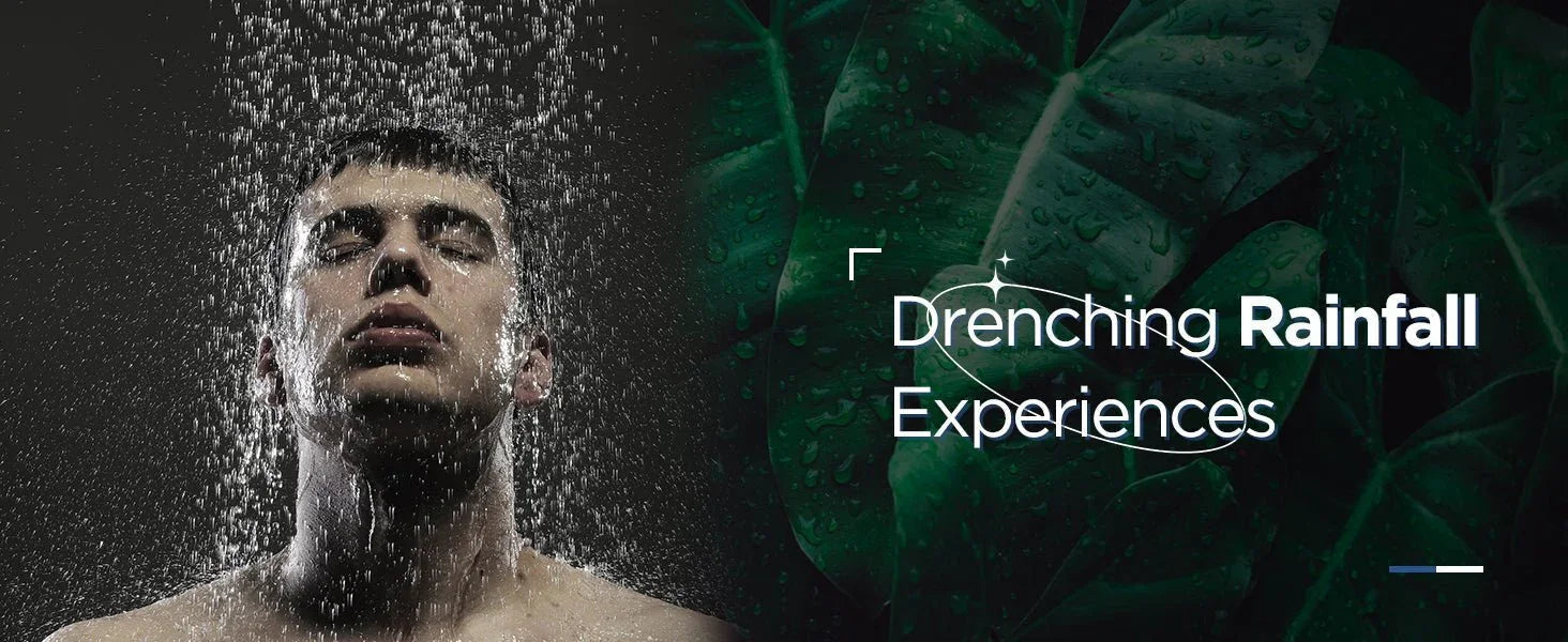 Man enjoying rainfall shower with water cascading over face, rainforest background and drenching rainfall experience text
