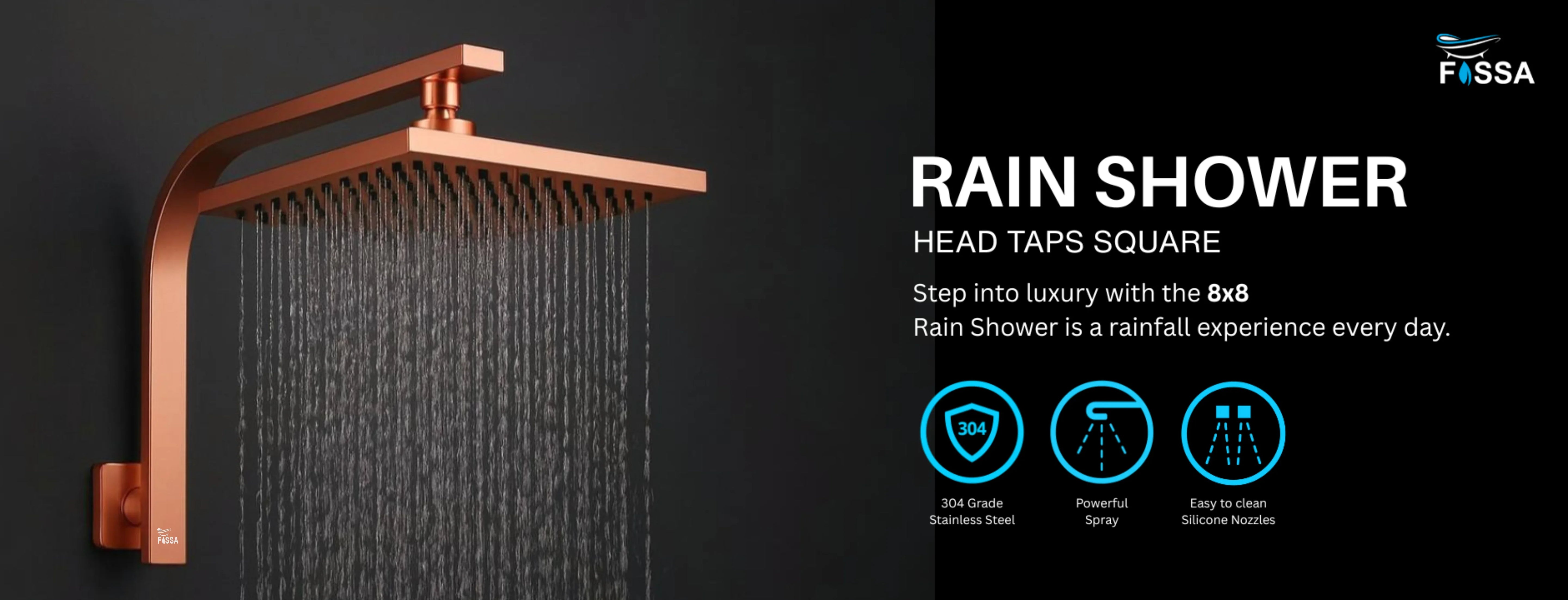 Elevate Your Bathroom with the Fossa 8x8 Rain Shower Head.