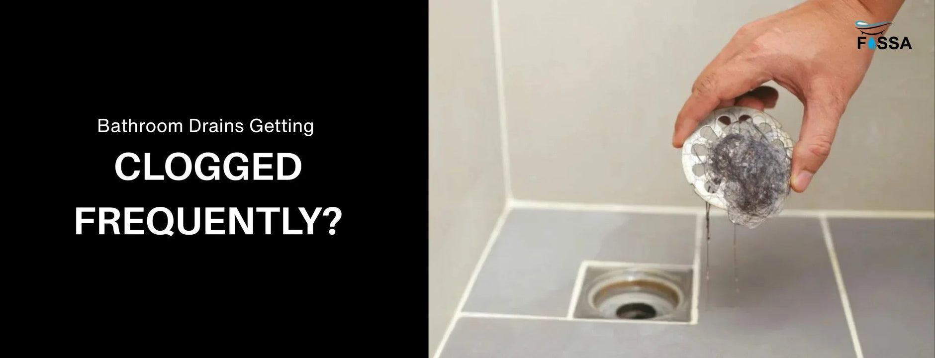 Hand holding hair-clogged bathroom drain cover over tiled floor, drain cleaning concept