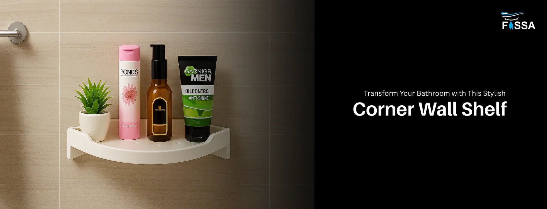 Modern bathroom corner wall shelf with toiletries and potted plant on beige tile wall