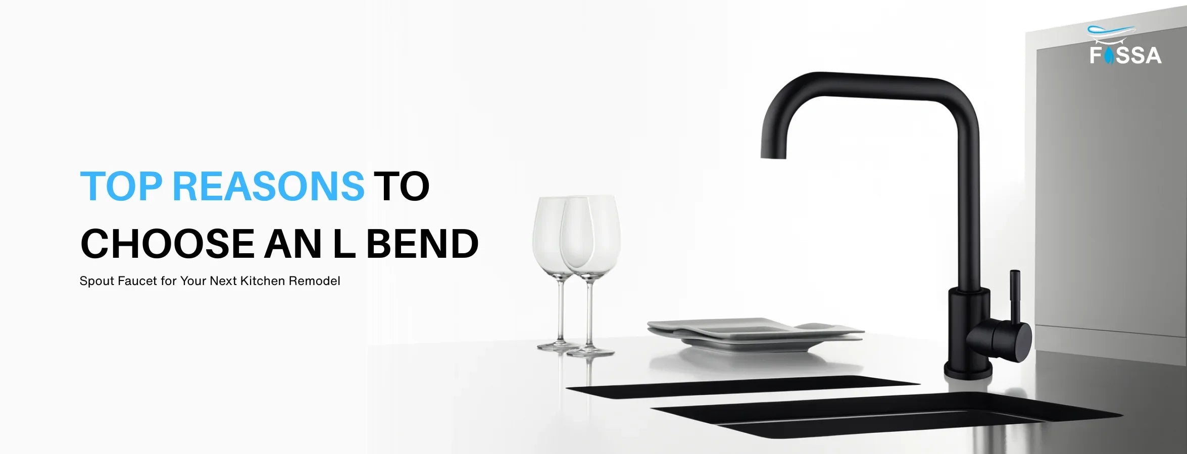 Modern black L bend kitchen faucet with sink, wine glasses, and plates on countertop