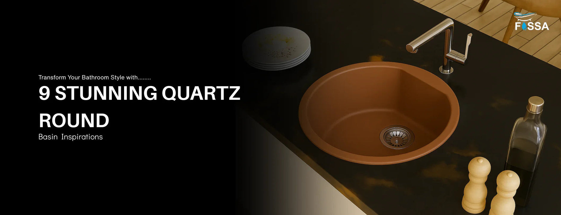 Round quartz wash basin with modern silver tap on a black countertop in kitchen setting